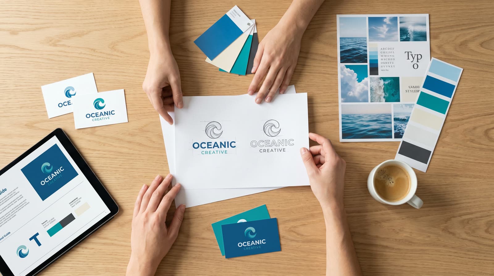 Designers arranging brand identity materials including logo concepts and color swatches