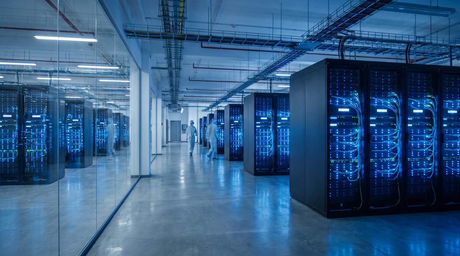 Rows of illuminated server racks in a modern data center