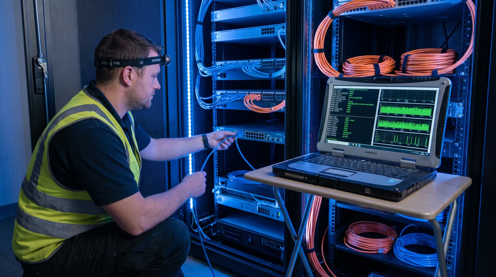 Network technician installing and testing network switches and cabling