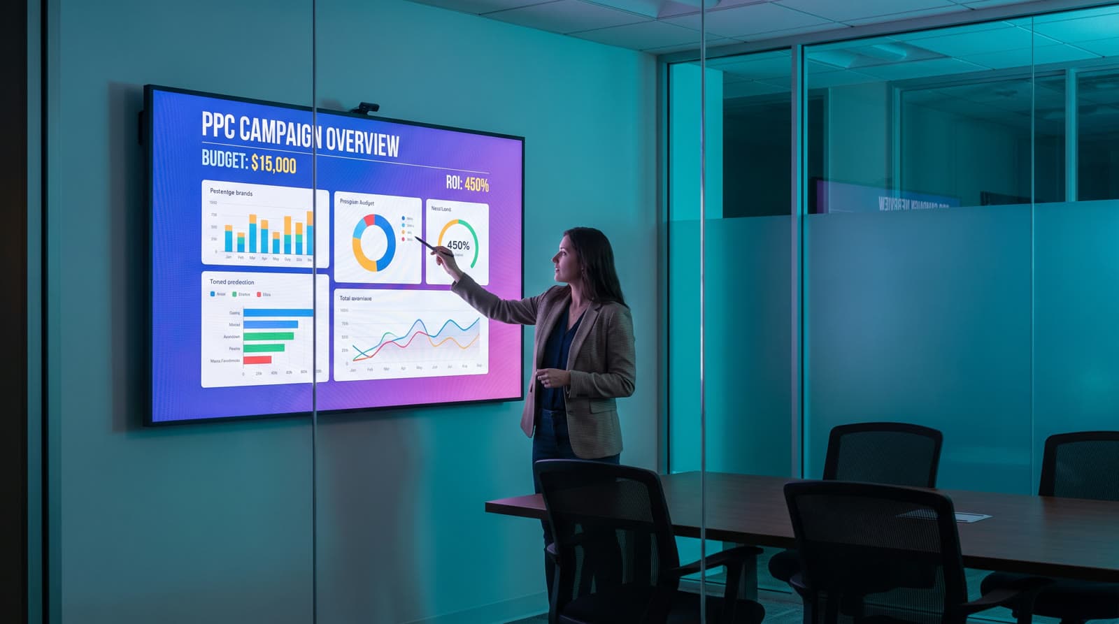 Advertising specialist presenting PPC campaign budget and ROI metrics on a screen