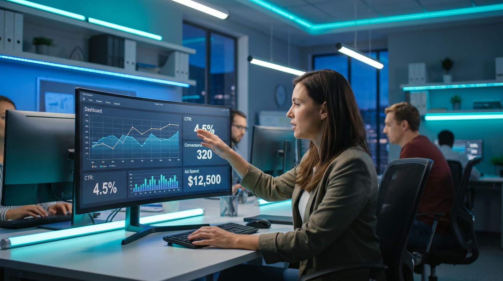 Marketer reviewing paid search campaign performance dashboards on a large monitor